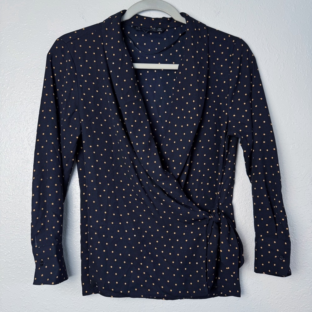 Zara navy blue orange polka dot long sleeve warp top blouse top XS